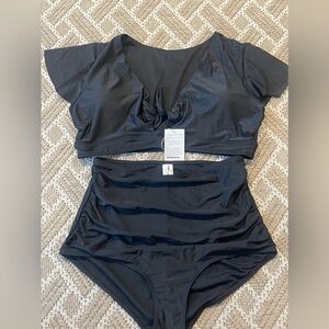 Plus size Women's Retro Ruffle High Waist Two Piece Bikini  Tie Knot Front Top